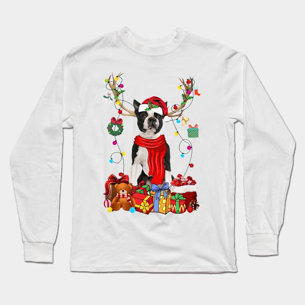 Black Boston Terrier Reindeer Santa Christmas Color Lights Long Sleeve T-Shirt by sueannharley12